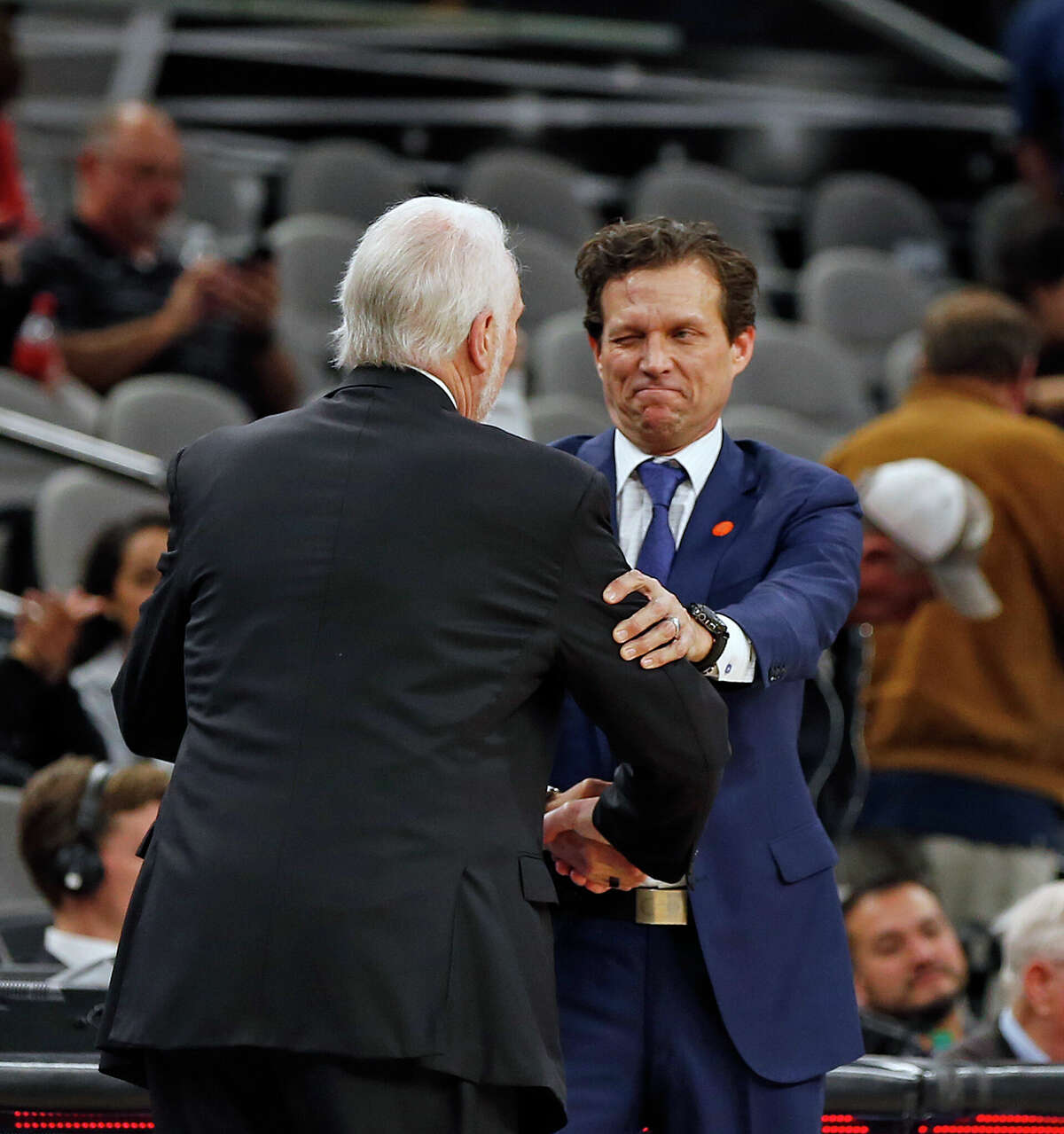 Head coach Quin Snyder of the Utah Jazz greets head coach Gregg Popovich of the San Antonio Spurs at the end of the game at AT&T Center on January 29, 2020 in San Antonio, Texas. 