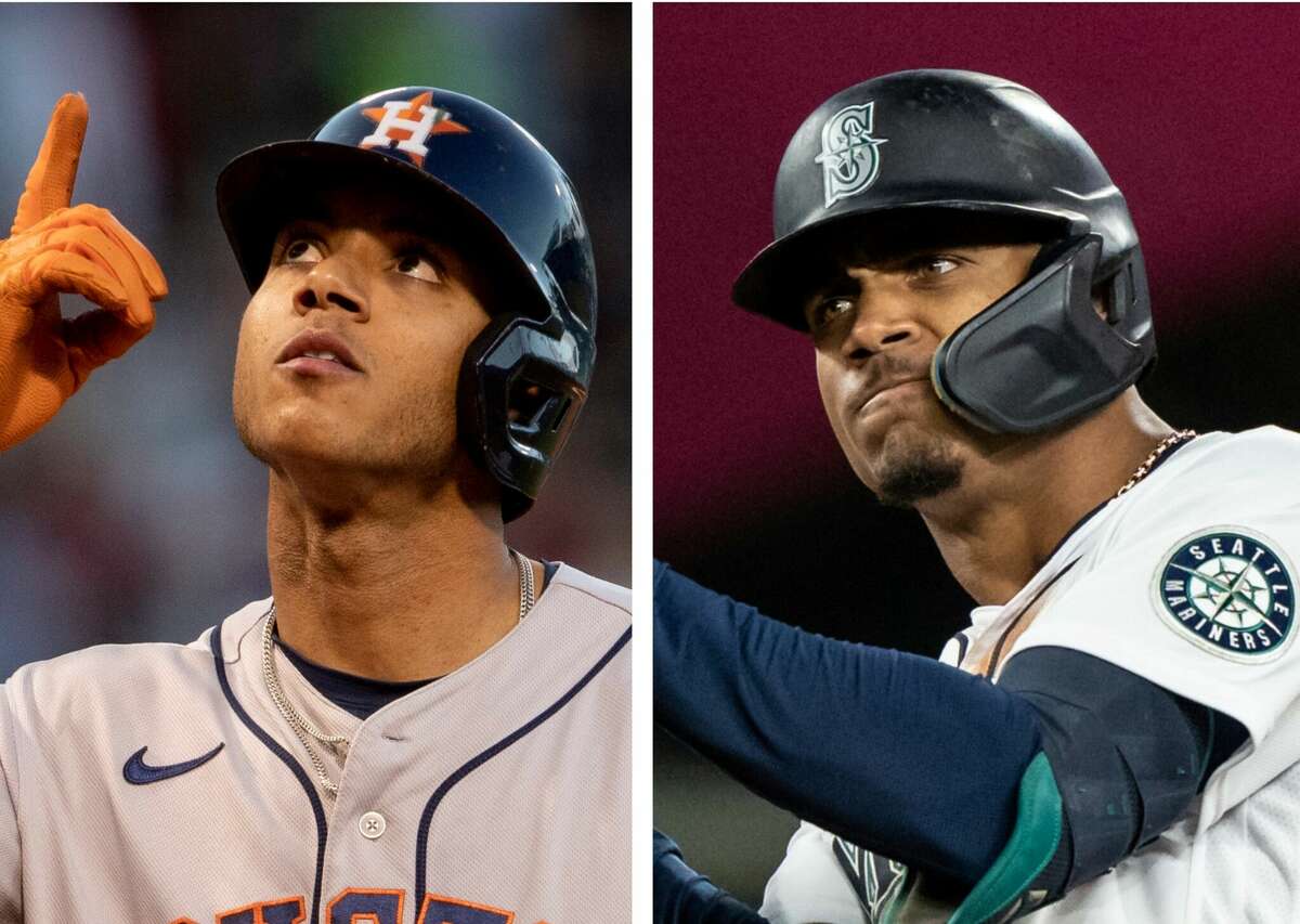 After the first two months of the season, the Astros' Jeremy Pena (left) and Mariners' Julio Rodriguez (right) are the top two candidates for the American League Rookie of the Year.