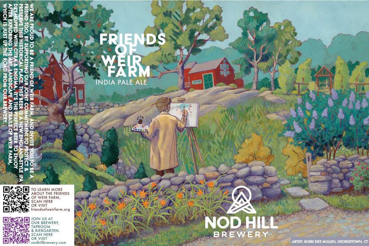 The custom beer label created by local artist Bobbi Eike Mullen, featuring an image of Julian Alden Weir, the park’s namesake, painting the historic landscape.