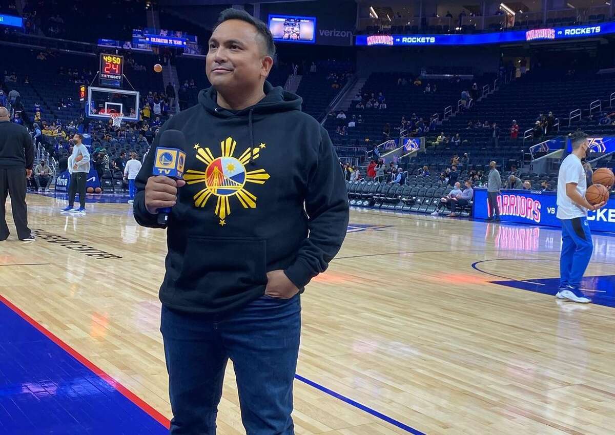 Golden State Warriors hype man Franco Finn wears a Filipino Heritage sweatshirt on Filipino Heritage Night at Chase Center on November 7, 2021. 