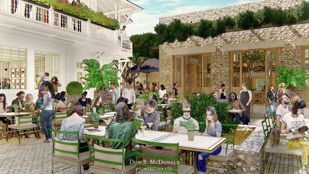 An architect’s rendering shows the courtyard at the soon-to-open restaurant Carriqui. The newly formed company Potluck Hospitality is overseeing the renovation of the former Liberty Bar building into Carriqui, a 400-seat restaurant serving South Texas cuisine.