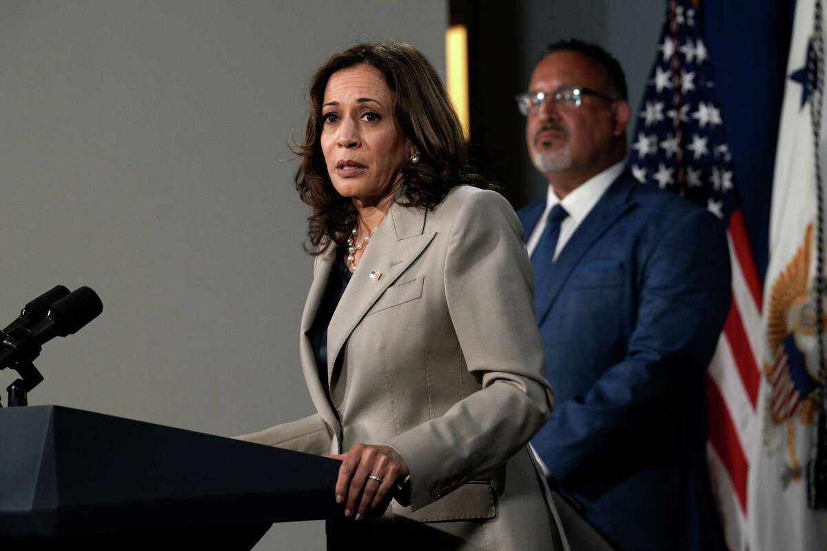 Vice President Kamala Harris, alongside Secretary of Education Miguel Cardona, speaks at the Department of Education in Washington, DC on June 2. .