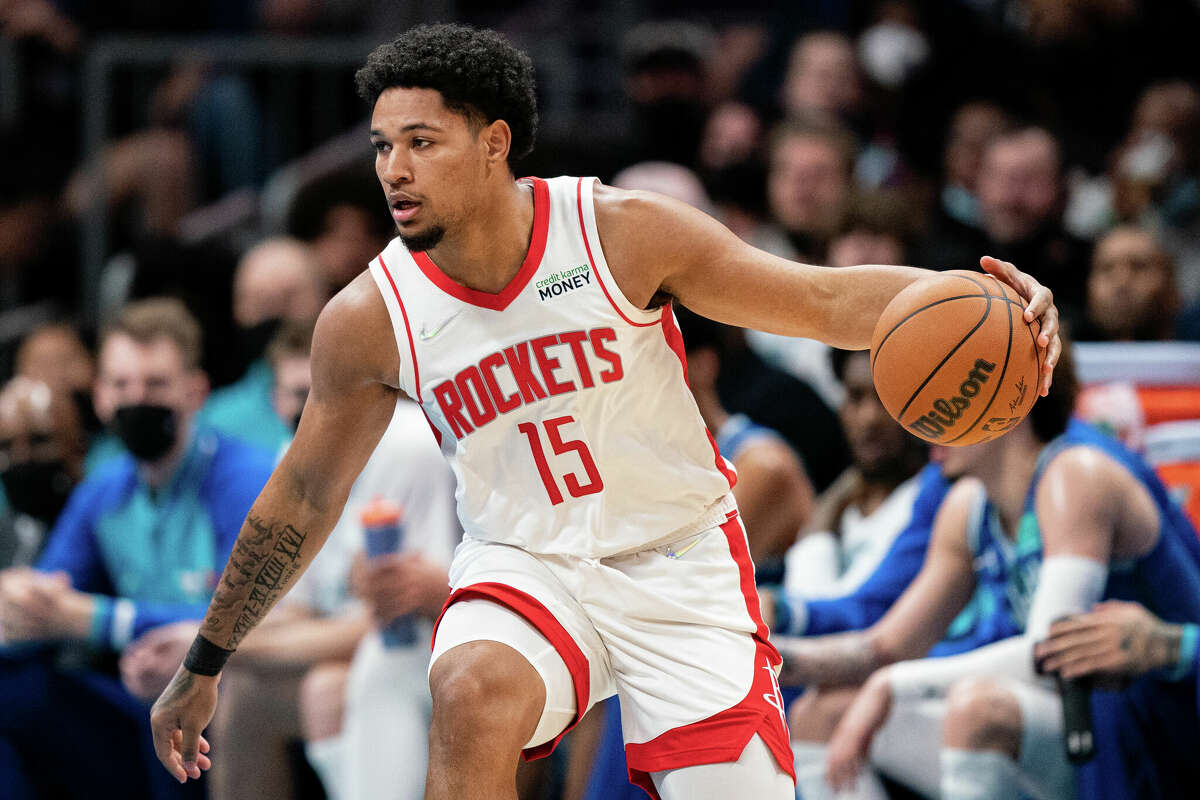 Daishen Nix of the Houston Rockets plays against the Charlotte Hornets during their game at Spectrum Center on Dec. 27, 2021 in Charlotte, North Carolina.