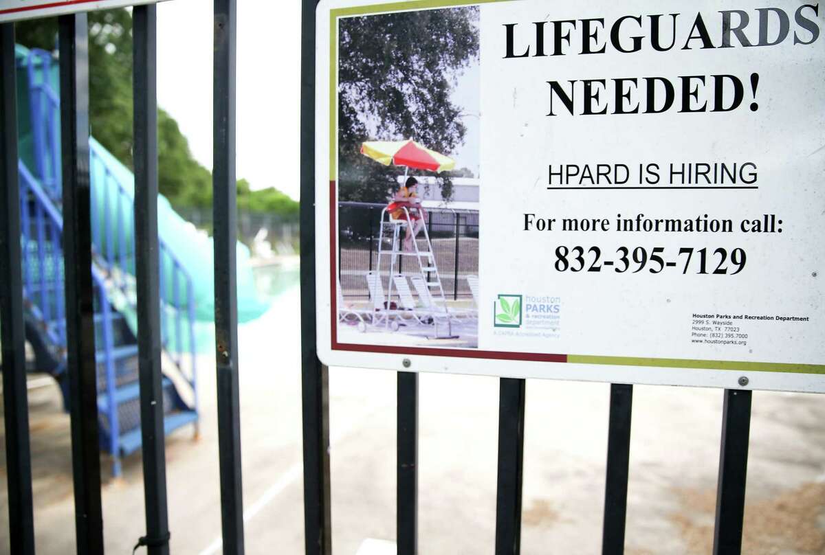 Only a third of Houston’s Parks and Recreation Department pools are expected to open for the season this summer because of a shortage of lifeguards, as evidenced by this sign at the Independence Heights Park pool on Monday, June 6, 2022 in Houston.