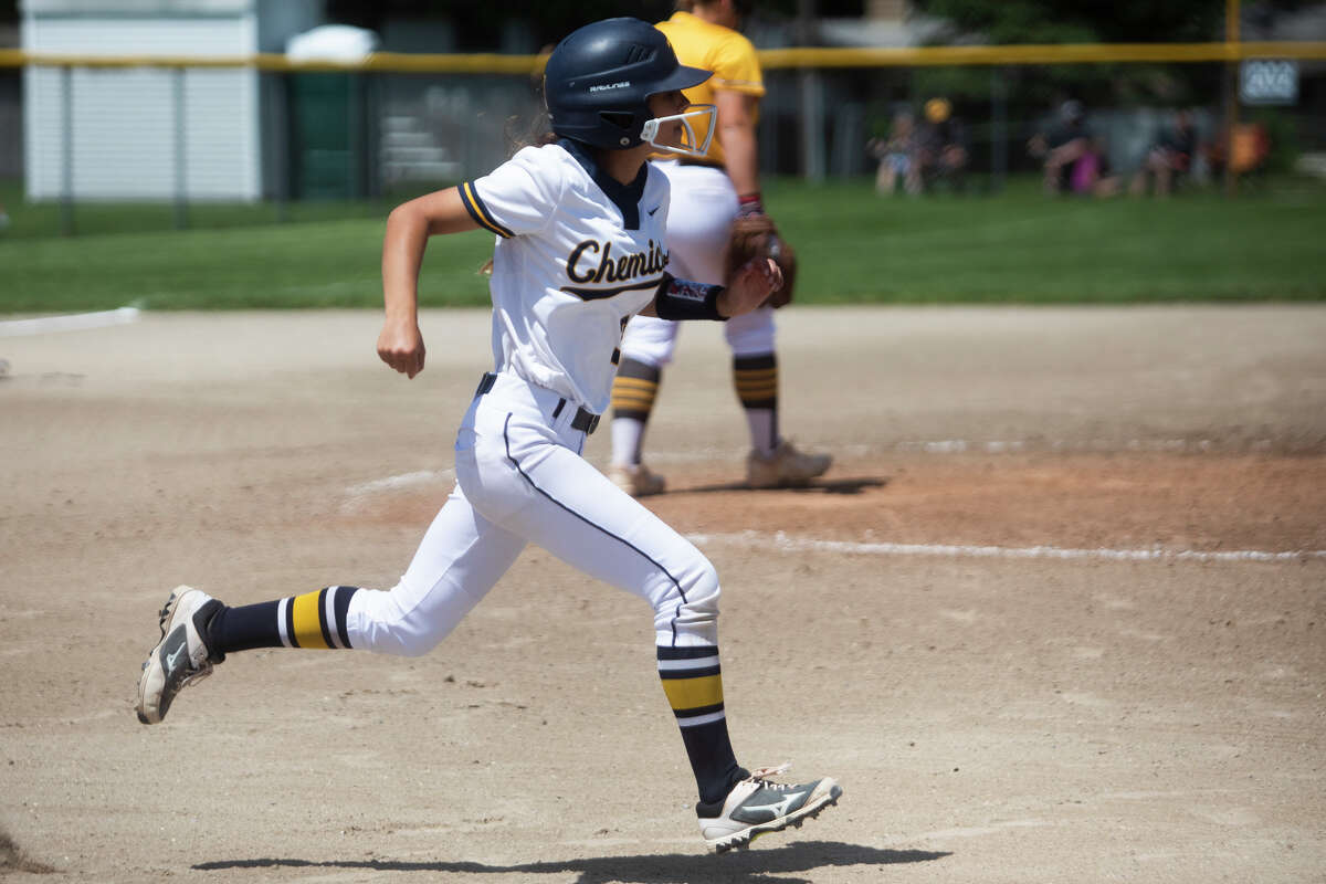 Midland High's Emersen Hoon runs to first during a June 4, 2022 district final against Bay City Western.