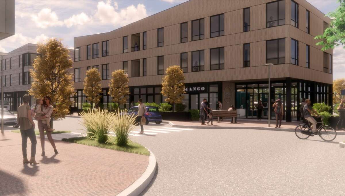 An artist's conception for a proposed Filer Township development shows a mixed-use town center with a commercial ground floor and housing on upper floors.