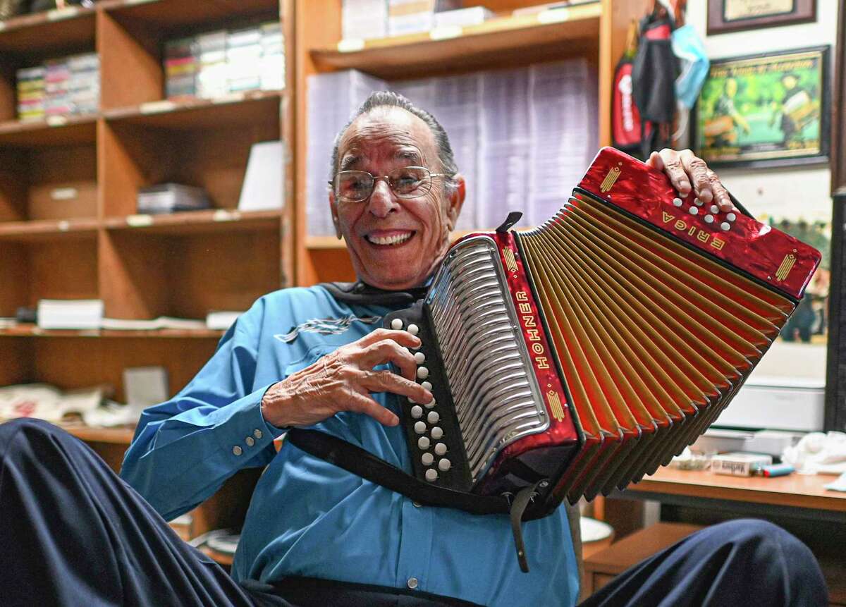 Santiago Jimenez Jr. playfully plays his accordion in his studio on Thursday, May 26, 2022. Jimenez is a legendary conjunto musician who estimates he has put out over 80 records in his career. He is the brother of another famous musician, Flaco Jimenez.