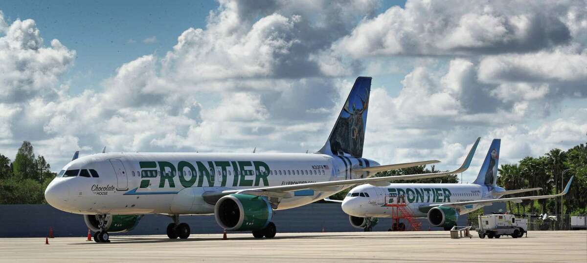 Frontier Airlines planes parked at Orlando International Airport on April 7, 2020. (Joe Burbank/Orlando Sentinel)