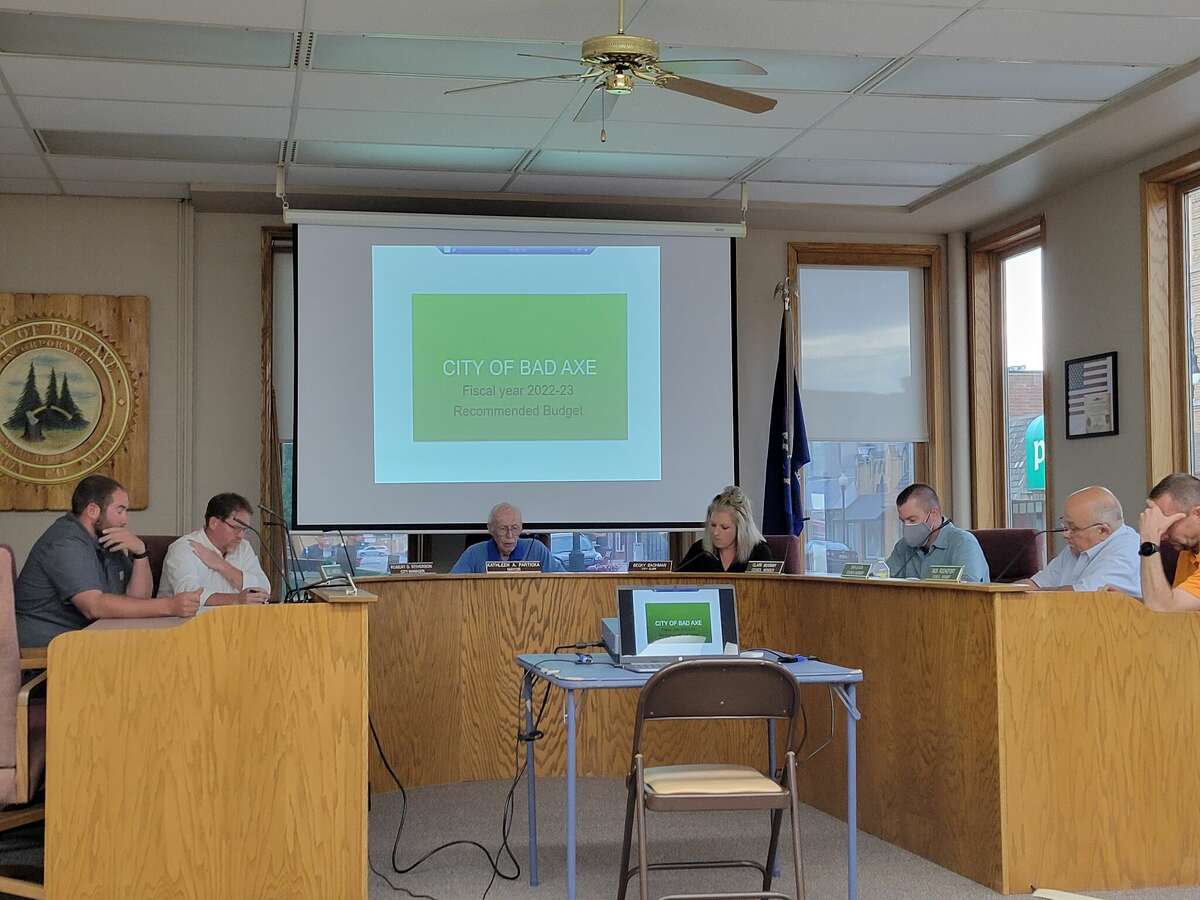 The Bad Axe City Council during their meeting on Monday, where City Manager Rob Stiverson gave a presentation about his proposed city budget. 