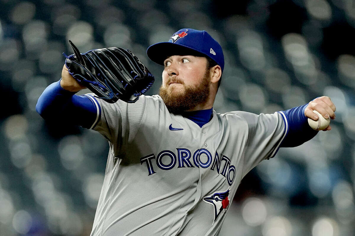 Toronto Blue Jays relief pitcher Matt Gage, a Siena and Broadalbin-Perth alumnus, throws during the ninth inning of a baseball game against the Kansas City Royals Tuesday, June 7, 2022, in Kansas City, Mo. The Blue Jays won 8-0. (AP Photo/Charlie Riedel)