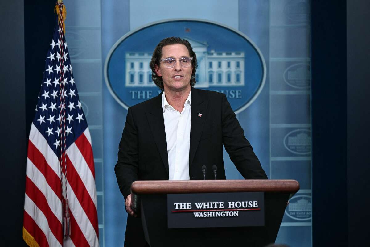 US actor Matthew McConaughey speaks during the daily briefing in the James S Brady Press Briefing Room of the White House in Washington, DC, on June 7, 2022. - McConaughey, a native of Uvalde, Texas, has been meeting with Senators to discuss gun control reform following the mass shooting at Robb Elementary School. (Photo by Brendan SMIALOWSKI / AFP) (Photo by BRENDAN SMIALOWSKI/AFP via Getty Images)
