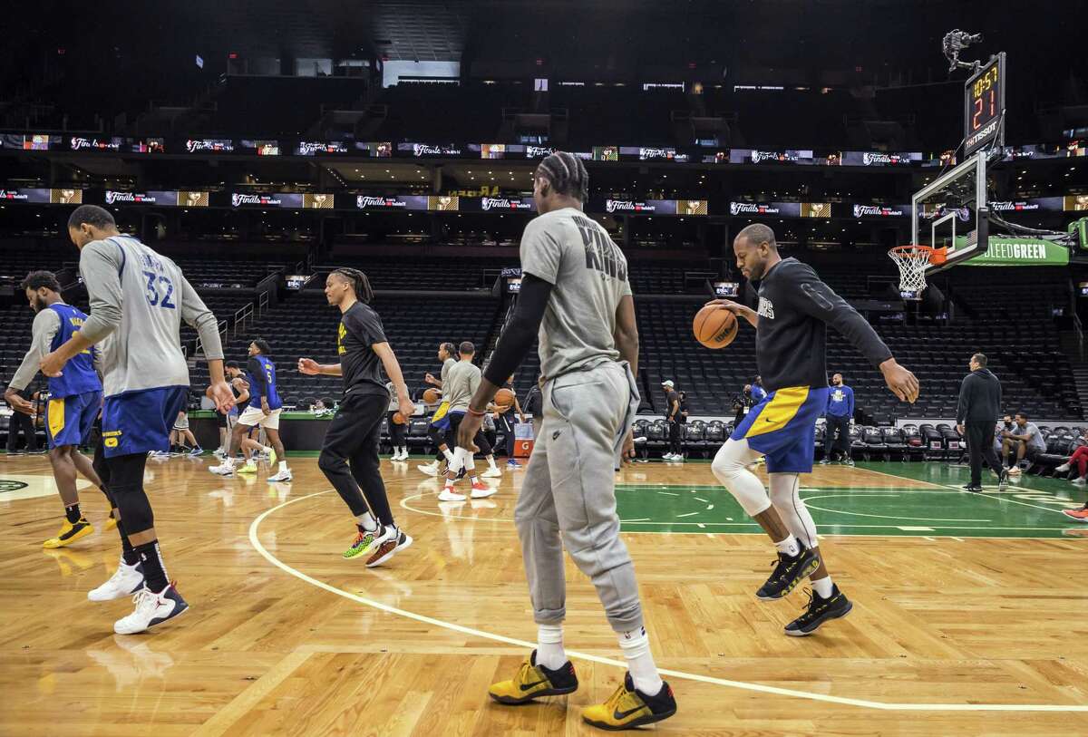Andre Iguodala (9) dribbles up court as the Golden State Warriors practiced the day before playing the Boston Celtics in Game 3 of the NBA Finals at TD Garden in Boston, Mass., on Tuesday, June 7, 2022.