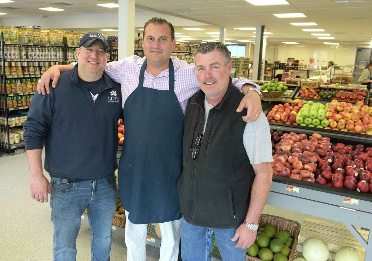 D.J. Hall, left, Jay Stasko and Mark McWhirter, right, partners in Lily’s Market which just opened in Weston last month. It replaces Peter’s Market which closed early in 2021. Tuesday, June 7, 2022, Weston, Conn.