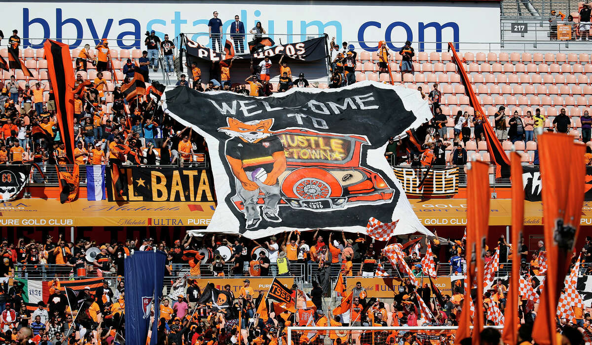 Houston Dynamo fans get ready to play the Los Angeles Galaxy at BBVA Stadium on February 29, 2020 in Houston, Texas.