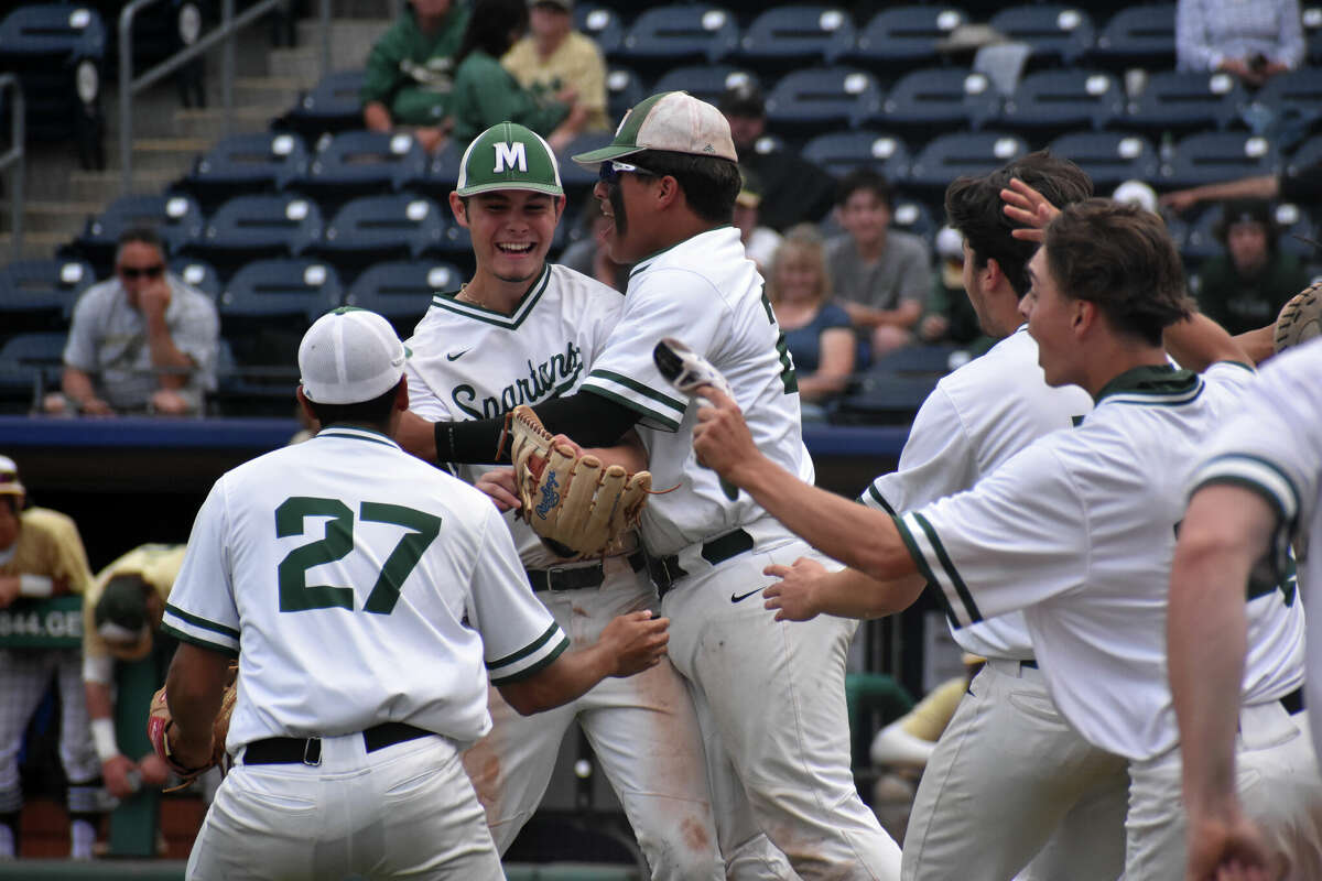 Maloney's Tyler Duffy celebrates with his teammates after winning the Class L semifinals, 2-1 over Notre Dame-West Haven at Dunkin' Donuts Park, Hartford on Tuesday, June 7, 2022.