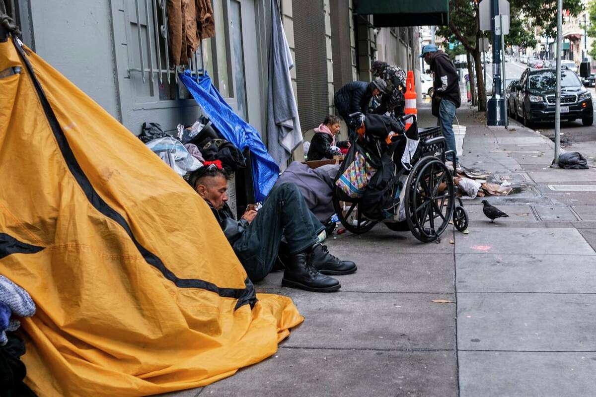 A street encampment on Jones Street near the Tenderloin Police Station. The latest official tally of unhoused residents counted 4,397 living on the streets.