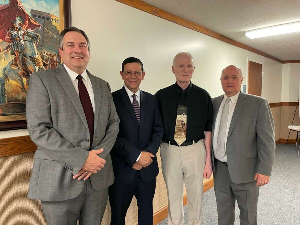 Luke Nigliazzo 1st Counselor Laredo Stake Presidency, Juan Carlos Mendoza Consul General, Joe Lambert - Laredo Stake Self Reliance Specialist - Ted Wagner - Laredo Stake President for the Church of Jesus Christ of Latter-Day Saints. Not picture Michael Smith - Director of the Holding Insititute. (he was busy helping a family with baby delivery)