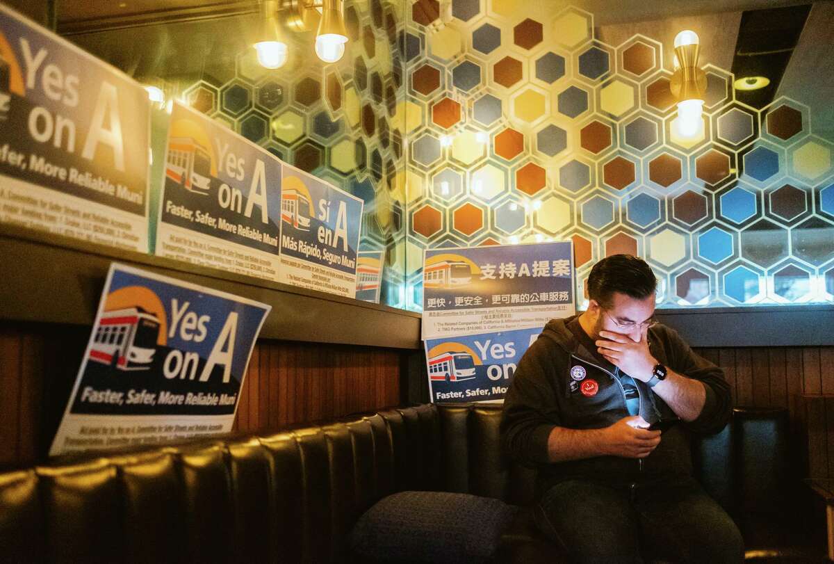 Prop. A supporter Bobak Esfandiari gathered at The Beehive in San Francisco’s Mission District on Election Night. The bond measure would bring $400 million to the city’s transportation systems and infrastructure.