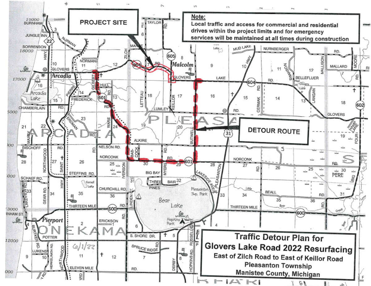 Traffic during the Glovers Lake Road resurfacing project will be detoured along Gilbert, Norconk and Butwell roads.