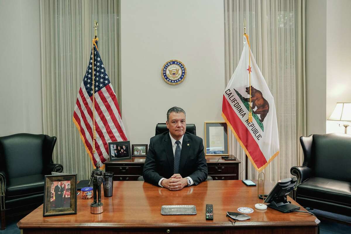 Senator Alex Padilla (D-CA) sits for a portrait in his office on the Capitol Hill in Washington, DC, on Wednesday, May 4, 2022.