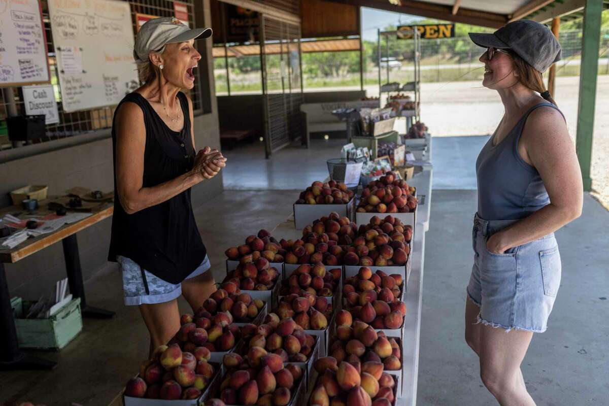 Terri Vogel excitedly greets an old friend Meghan Griffith of Dallas as Griffith visits the Vogel Orchard stand in Fredericksburg.