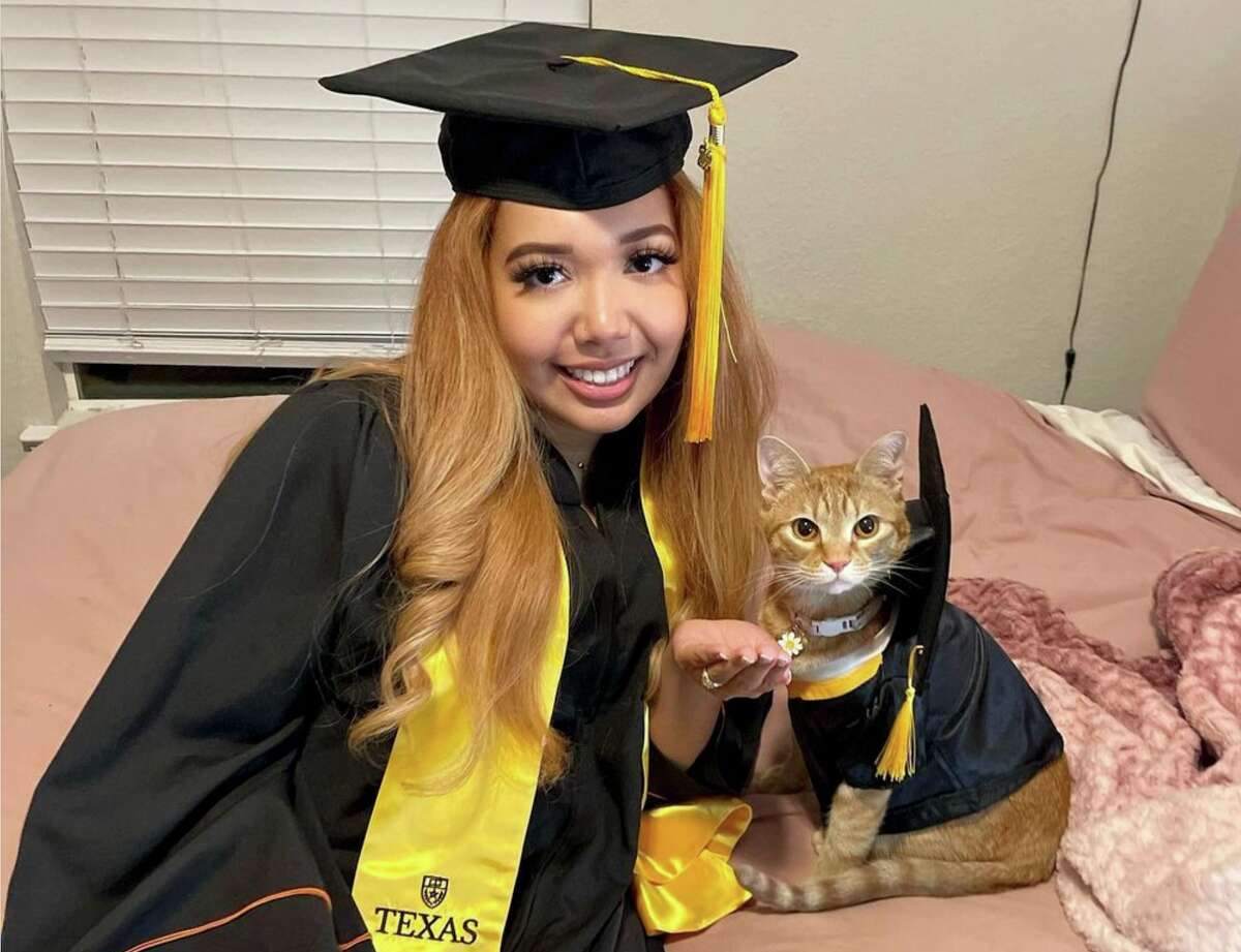 Francesca Bourdier and her cat graduated from UT after attending online classes together.
