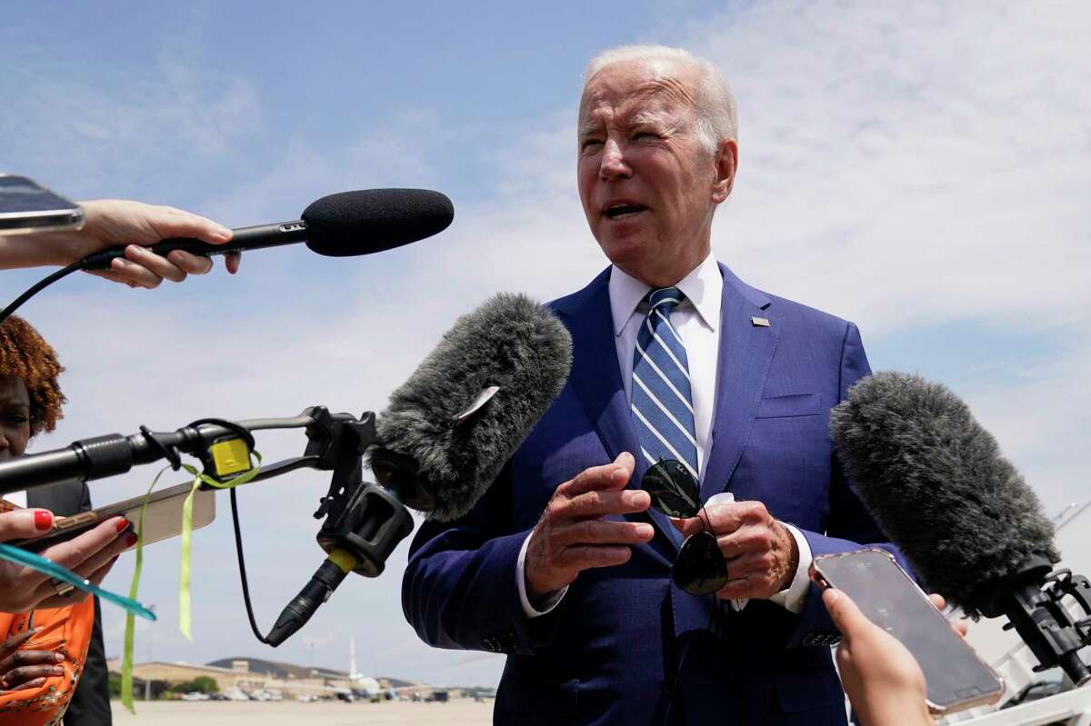 President Joe Biden speaks to reporters before he boards Air Force One for a trip to Los Angeles to attend the Summit of the Americas, on June 8, 2022, at Andrews Air Force Base, Md.