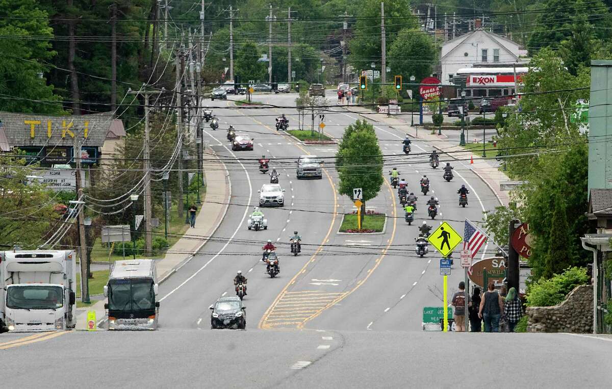 Bikers make their way down Canada Street during the annual Americade on Wednesday, June 8, 2022 in Lake George, N.Y. State Police alleged that a motorcyclist who was speeding hit a group of pedestrians on a bike path off Route 9 June 12, 2022, killing an 8-year-old and a 38-year-old.