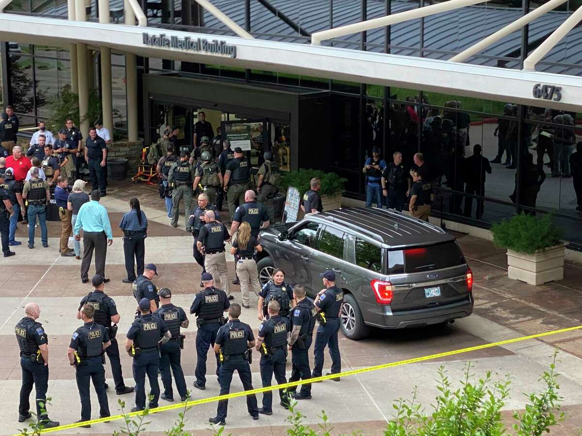 Emergency personnel respond June 1 to a shooting at the Natalie Medical Building in Tulsa, Oklahoma. Multiple people were shot at the building on a hospital campus. Jacksonville Memorial Hospital staff undergo emergency-preparedness drills for just such instances. 