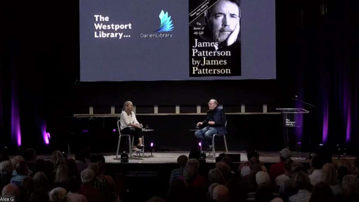 James Patterson speaks with Nina Sankovitch during his book talk at the Westport Library on June 7, 2022 in Westport, Conn.