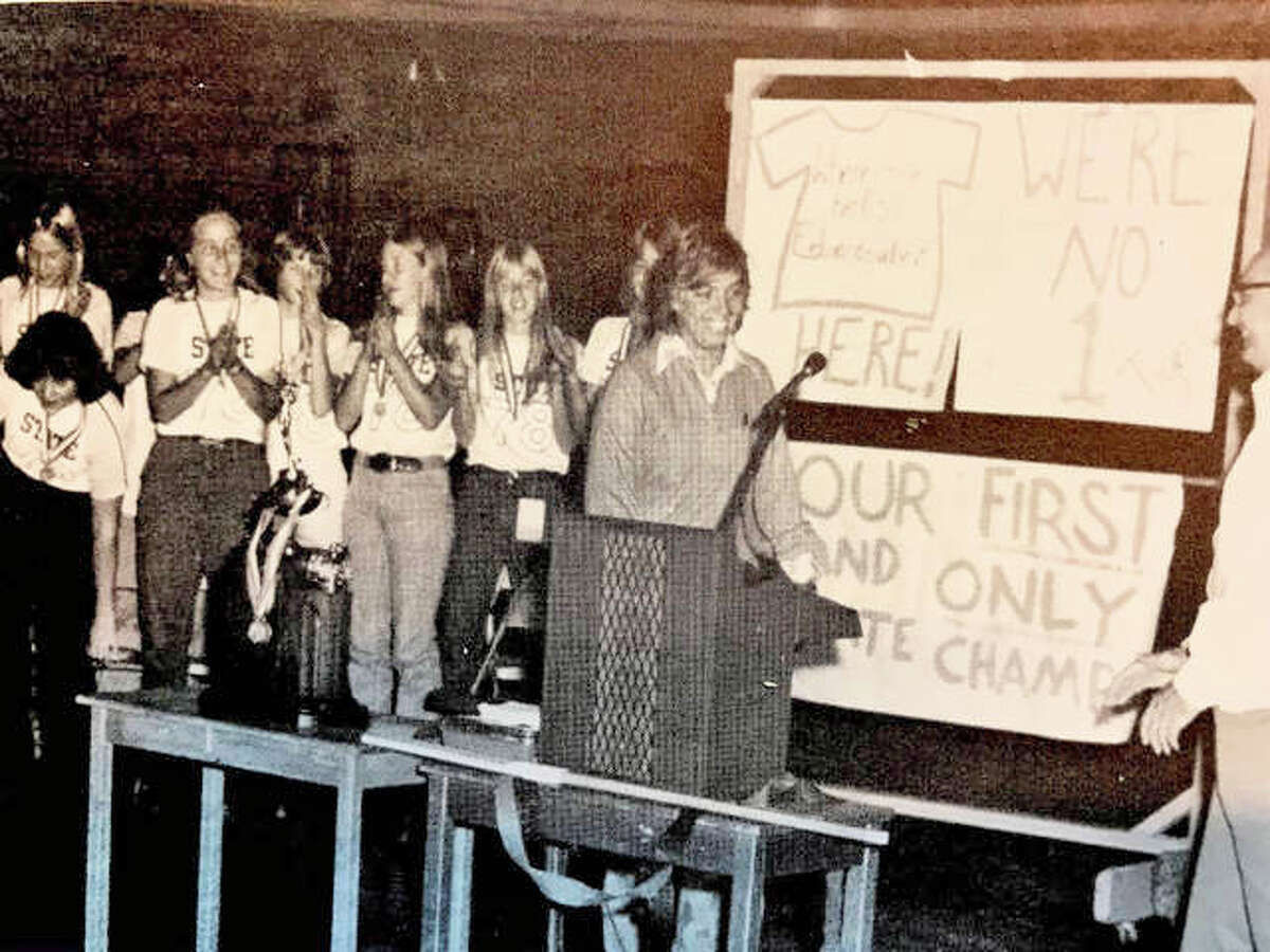 Edwardsville coach Sharon Petty, right, with the 1978 EHS field hockey team after the Tigers won the first state championship in school history. Petty will be among the coaches and athletes featured at a June 26 event in Edwardsville celebrating the 50th anniversary of Title IX.