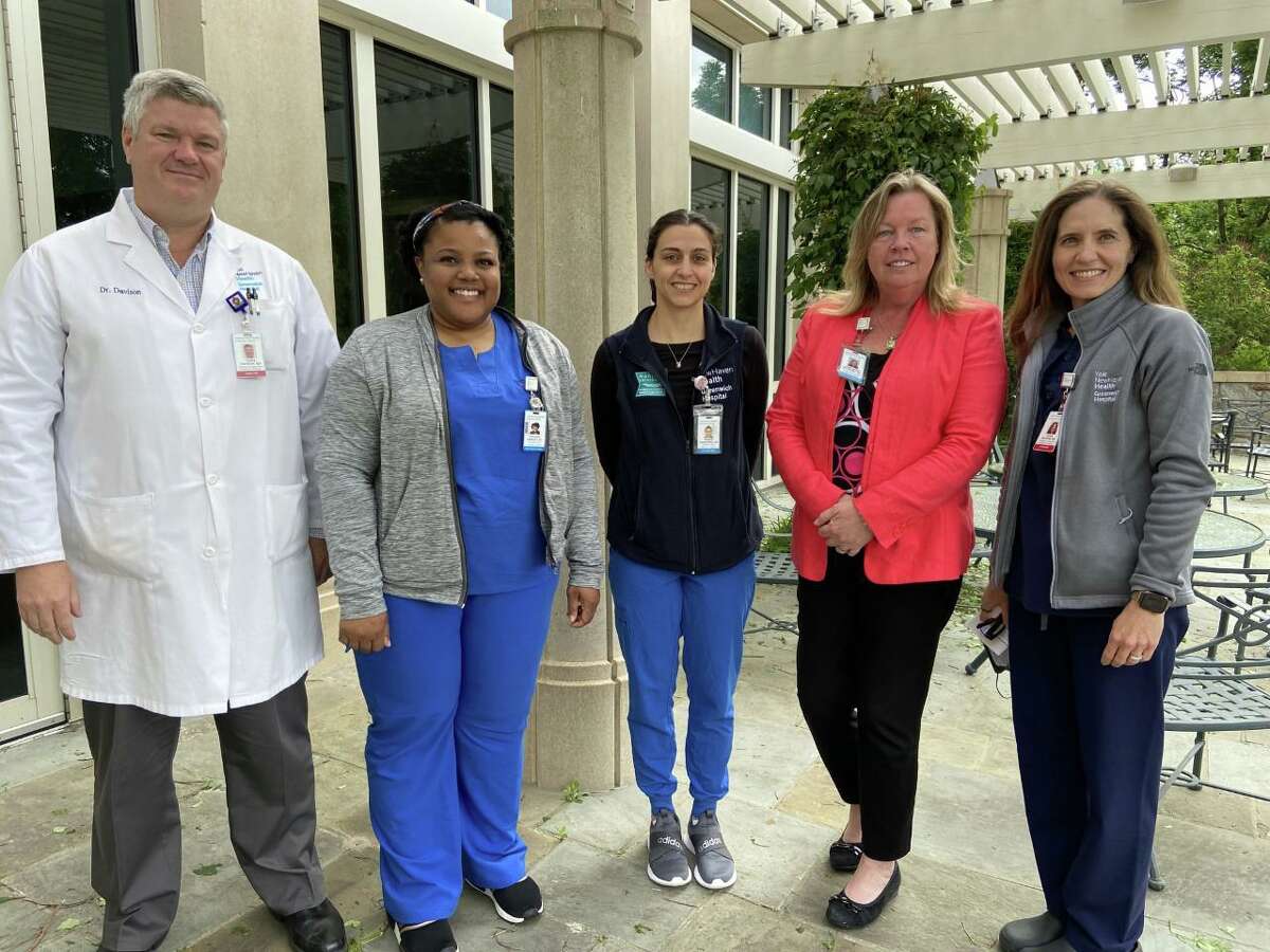 Greenwich Hospital’s Emergency Department leaders, from left, Dr. Christopher Davison, medical director; registered nurse Stephanie Morency, assistant nurse manager; registered nurse Amanda Jagodzinski, nurse manager; registered Anne Marie McGrory, program director of Critical Care Services; and Dr. Tania Mariani, associate medical director.
