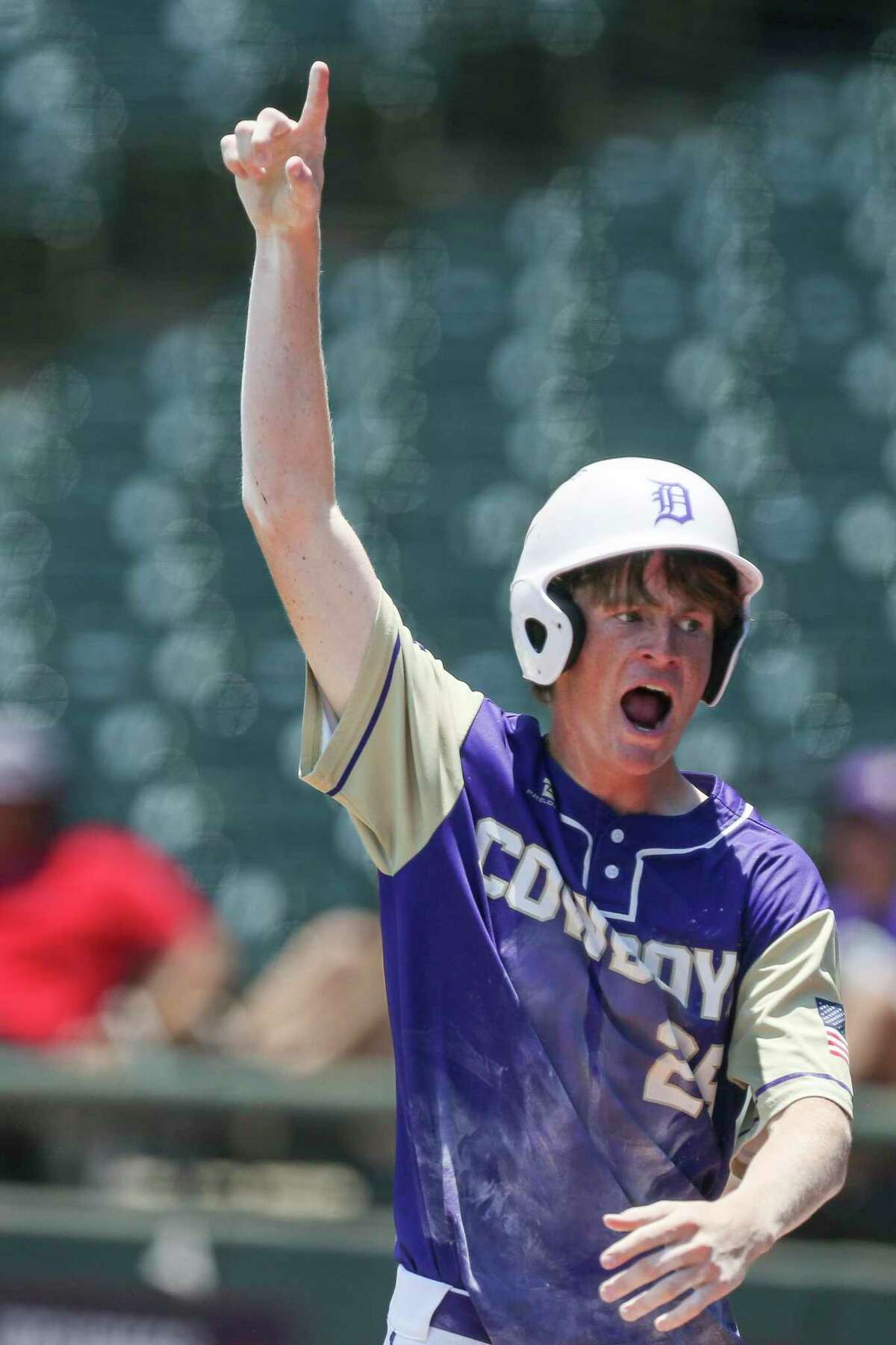 D’Hanis’ Luke Langfeld celebrates a run as his team plays against Abbott in the UIL Baseball State Championships at Dell Diamond in Round Rock, TX, on June 8, 2022.