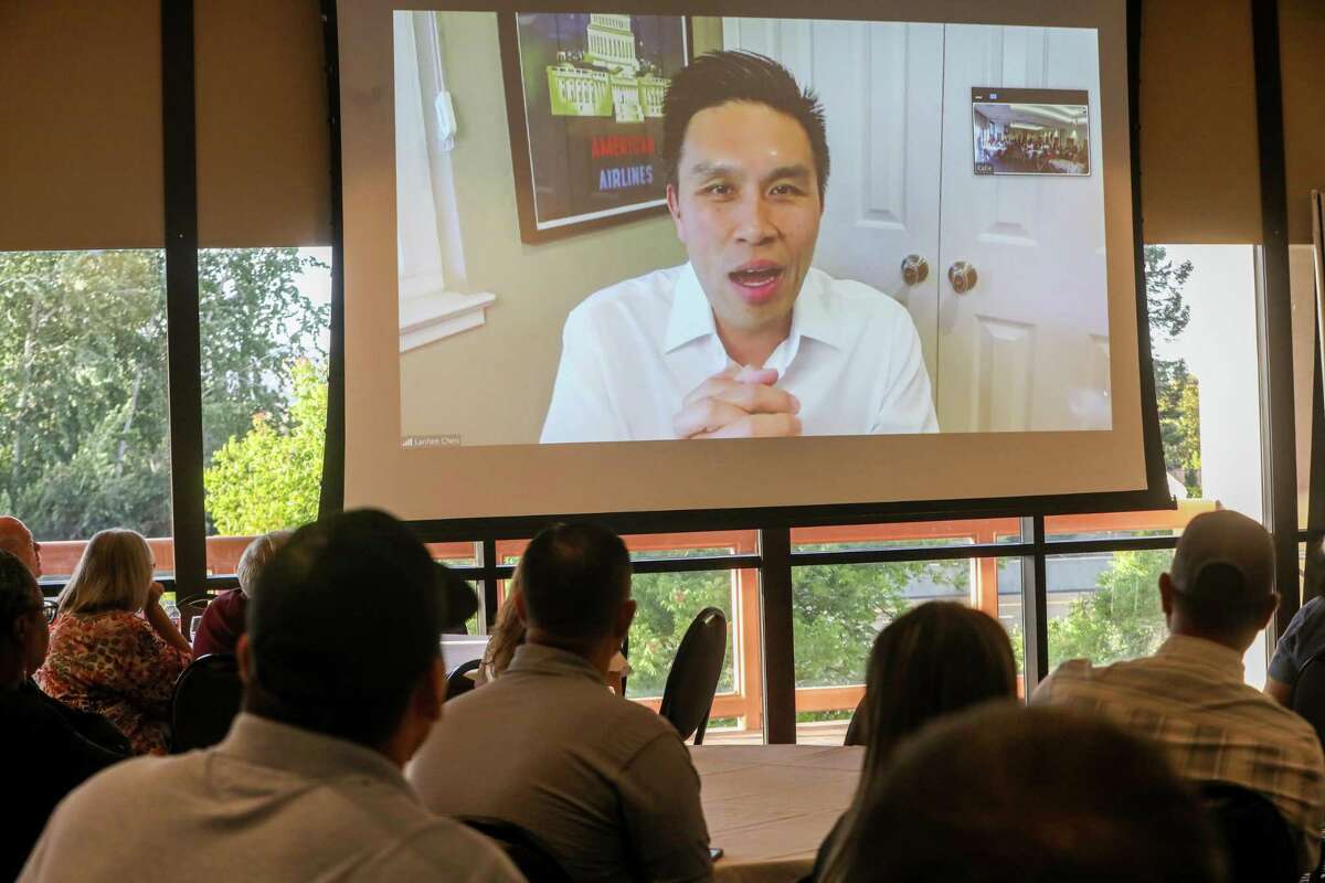 Controller candidate Lanhee Chen speaks to supporters via Zoom during a Republican get-out-the-vote event in Fairfield, Calif. on June 6, 2022.