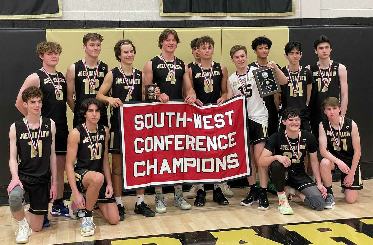 The Joel Barlow boys volleyball team poses with the SWC championship banner after defeating Newtown in the conference final on May 27, 2022.