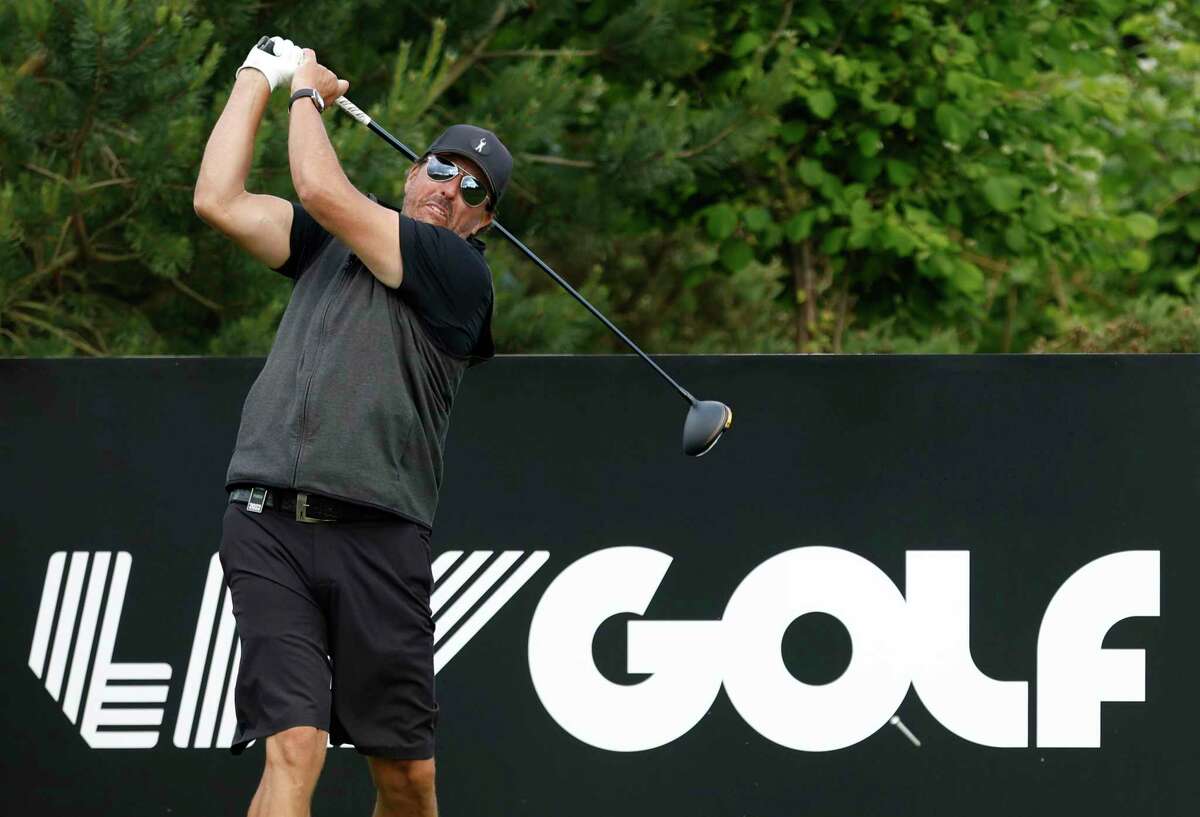 Phil Mickelson plays on the 18th, during the Pro-Am at the Centurion Club, in Hertfordshire, England, ahead of the LIV Golf Invitational Series, Wednesday June 8, 2022.
