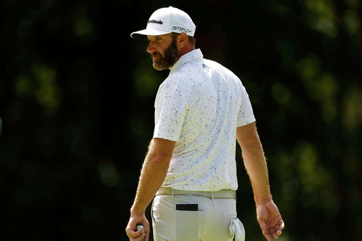 Dustin Johnson on the 2nd hole during the Pro-Am during the Pro-Am at the Centurion Club, Hertfordshire, England, ahead of the LIV Golf Invitational Series, Wednesday June 8, 2022. (Steven Paston/PA via AP)