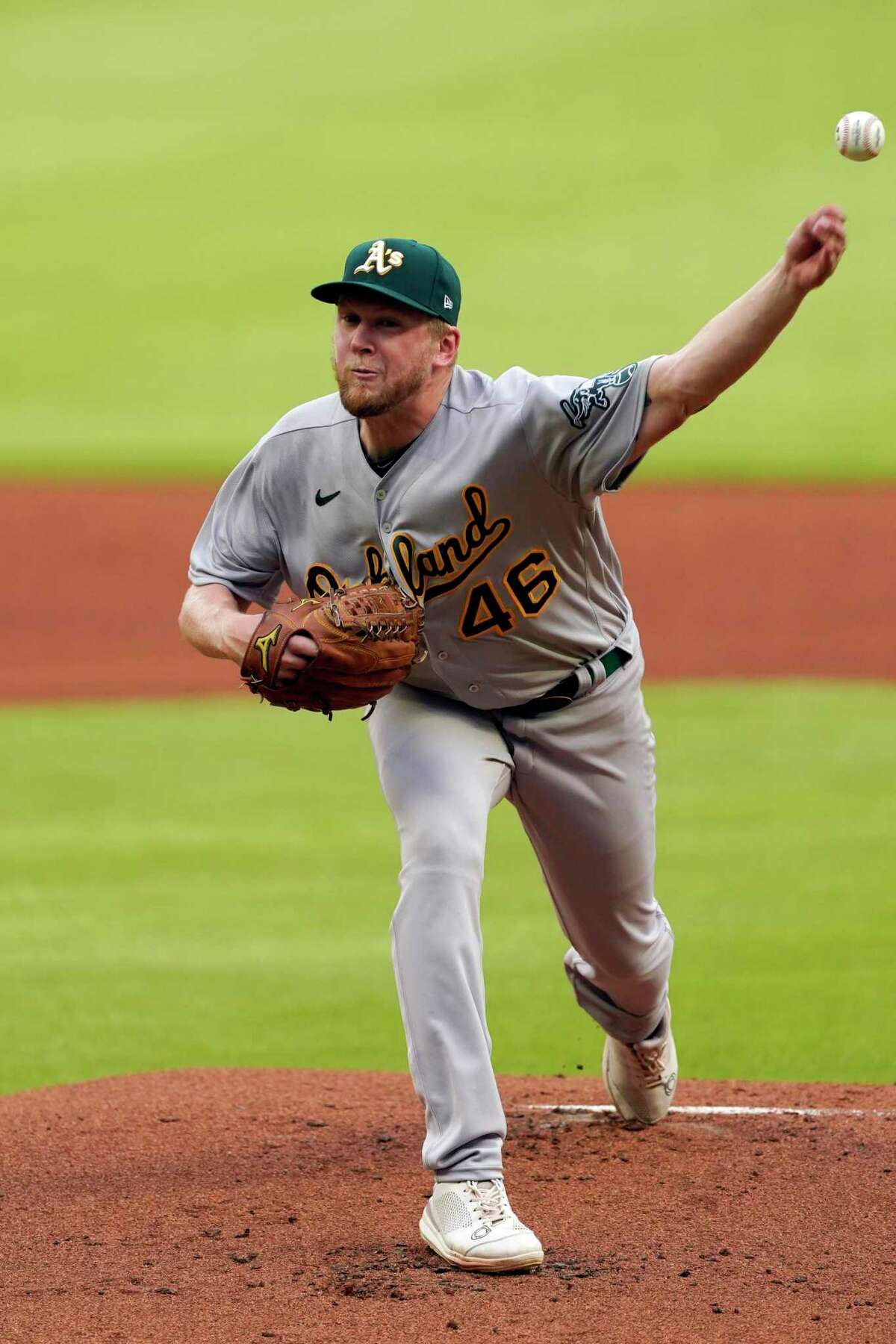 Jared Koenig, making his major-league debut for the A’s at age 28, allowed four runs and five hits in four innings against the Braves.