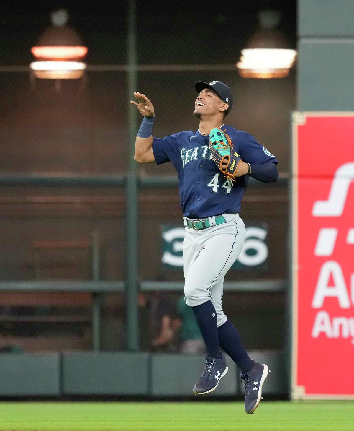 Seattle Mariners center fielder Julio Rodriguez (44) celebrates beating the Houston Astros 6-3 after a MLB game at Minute Maid Park on Wednesday, June 8, 2022 in Houston.