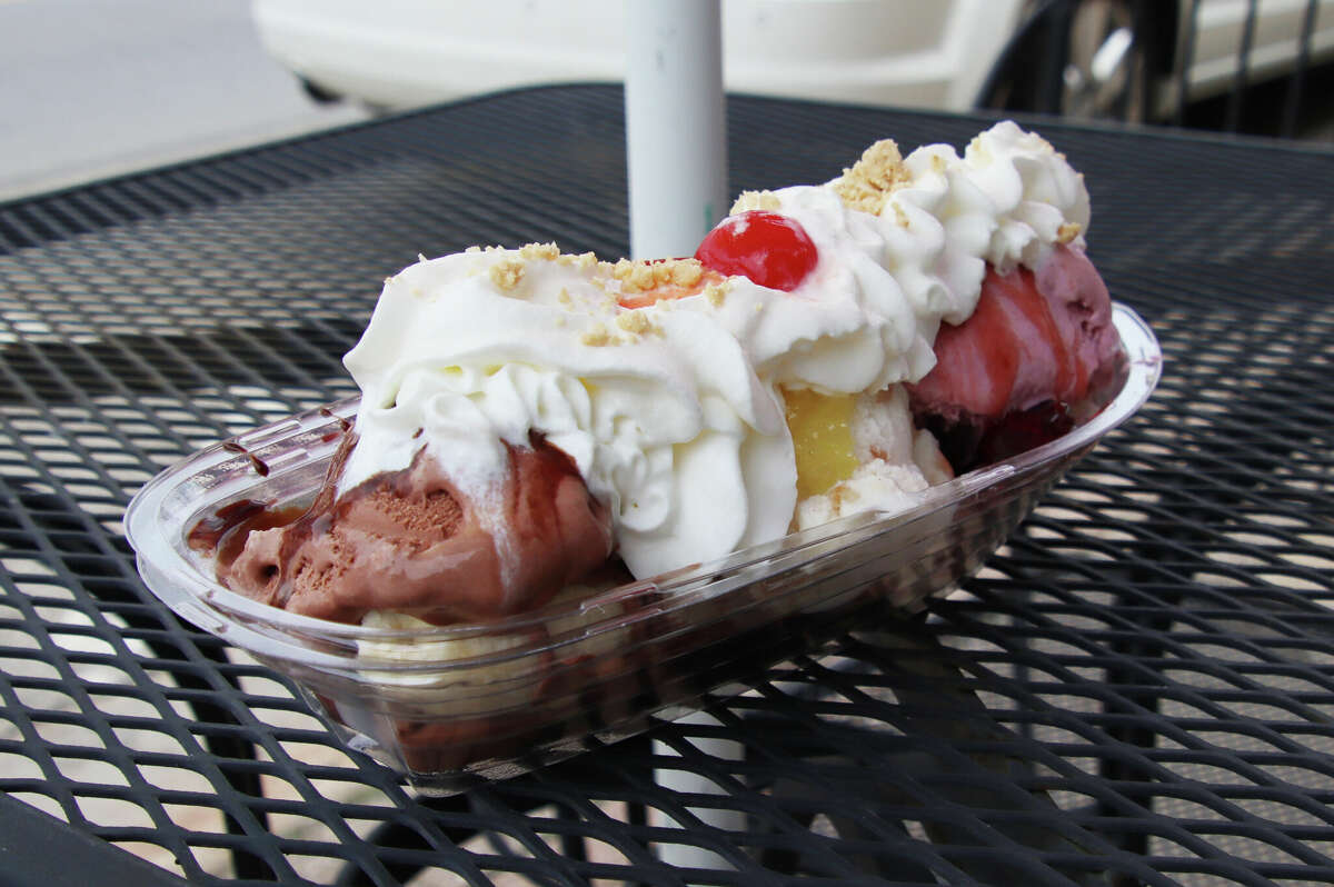 J&L Ice Cream on Huron Avenue in downtown Bad Axe is now open for business. Above, Bad Axe resident Michelle Gravett ordered a banana split made with choclate, strawberry and apple crisp ice cream.