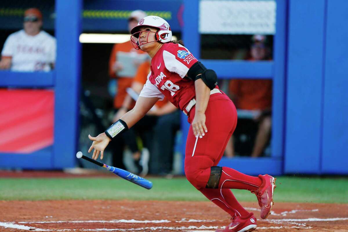 OKLAHOMA CITY, OK - JUNE 8: Jocelyn Alo #78 of the Oklahoma Sooners watches her two-run home run clear the wall against the Texas Longhorns in the first inning during the NCAA Women's College World Series finals at the USA Softball Hall of Fame Complex on June 8, 2022 in Oklahoma City, Oklahoma.