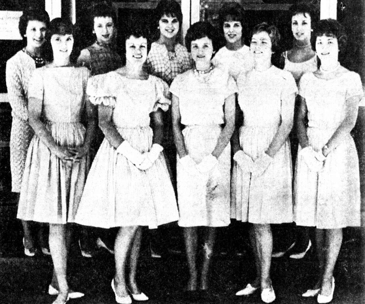 One of the people pictured will be the Manistee Forest Festival queen and Manistee County's rep in the forthcoming Miss Michigan Pageant. (Front row, from left) Karen Lee Orsick, Carol Wills, Mary Gielczyk, Lynnette Raatz and Margaret Raskey. (Back row) Joan Miller, Marilyn Harthun, Linda Lindeman, Jo Ann Knight and Nancy Tabaczka. The photo was published in the News Advocate on June 13, 1962.