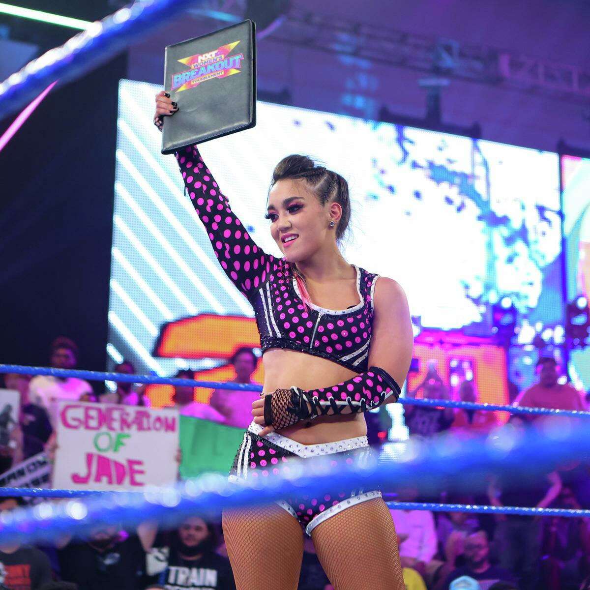 Laredo’s Roxanne Perez celebrates after winning the first-ever NXT Women’s Breakout Tournament on June 7, 2022, earning a shot at any title of her choosing.