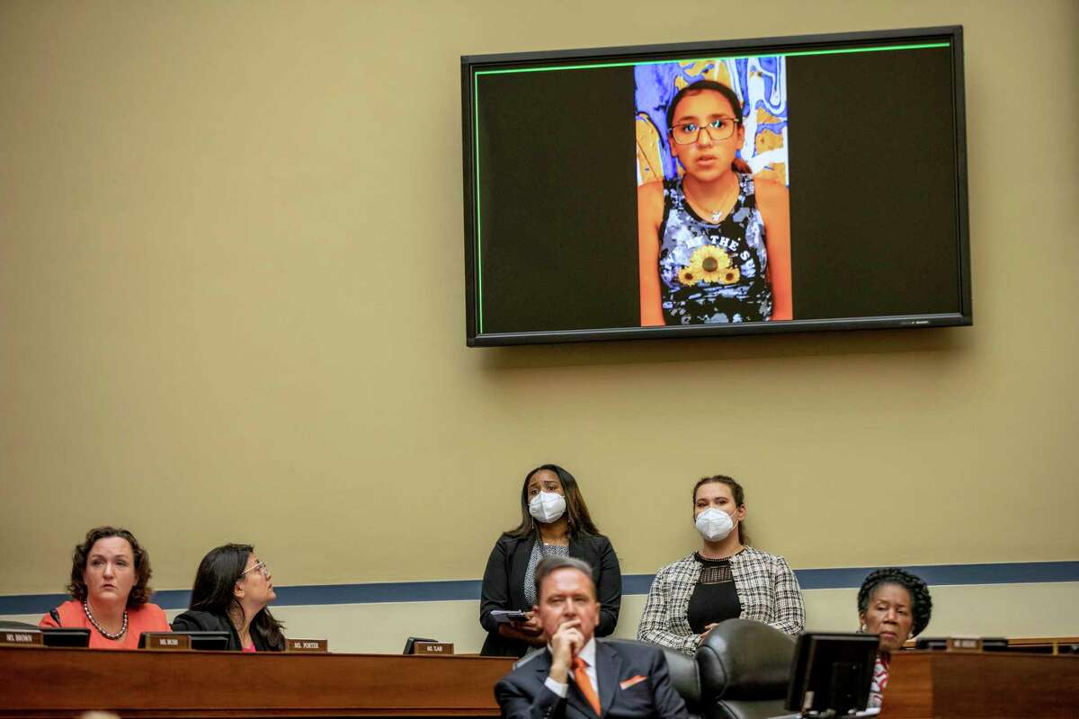 Miah Cerrillo, a fourth-grade student and survivor of the mass shooting at Robb Elementary School in Uvalde, Texas, appears on a screen Wednesday during a House Committee on Oversight and Reform hearing on gun violence.