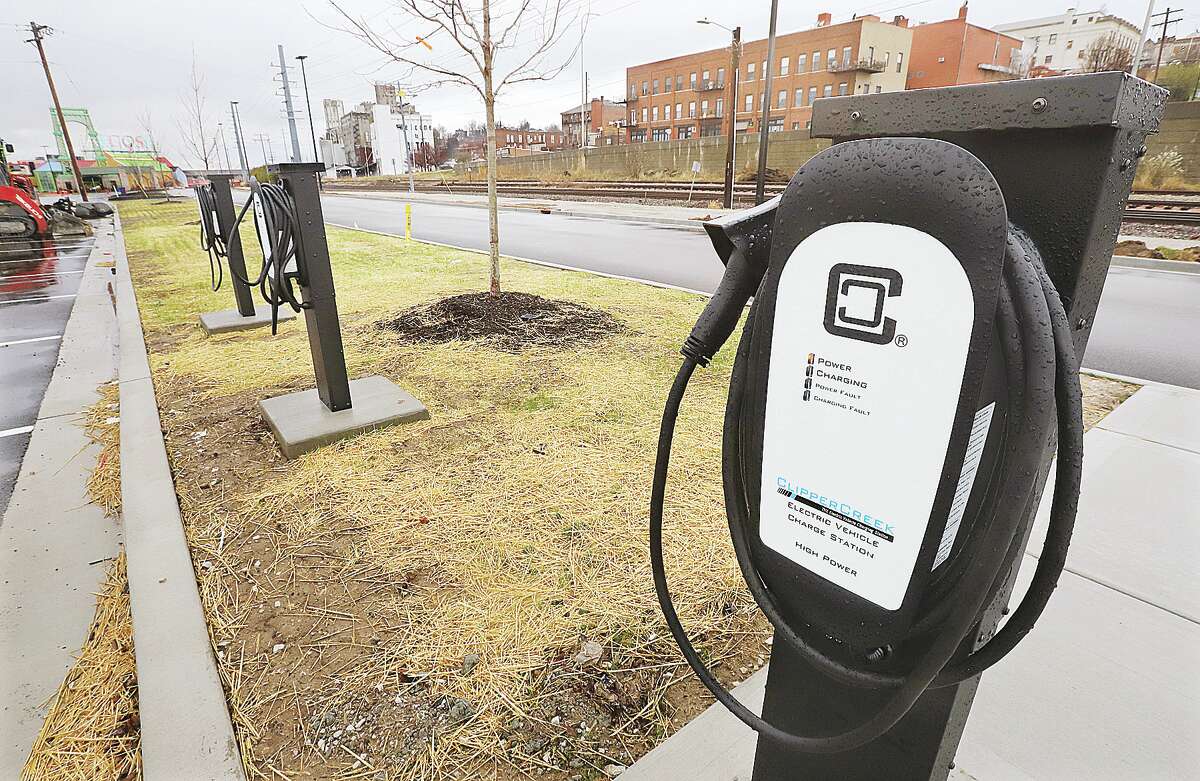 John Badman|The Telegraph Riverfront Park in Alton has three electric vehicle charging stations located on the edge of the parking lot between the Argosy Casino and the Liberty Bank Alton Amphitheater.