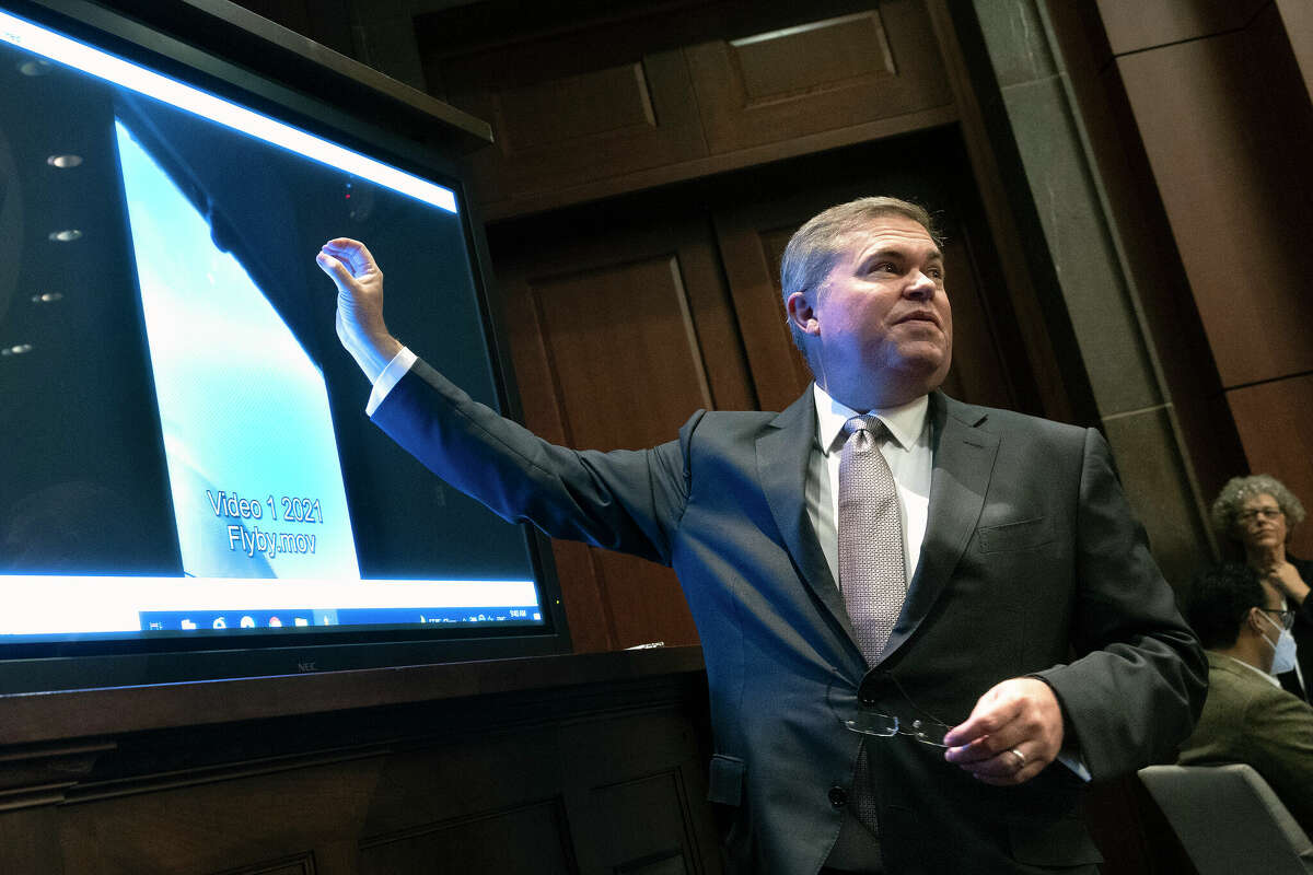 FILE PHOTO: U.S. Deputy Director of Naval Intelligence Scott Bray explains a video of an unidentified aerial phenomena, as he testifies before a House Intelligence Committee subcommittee hearing at the U.S. Capitol on May 17, 2022 in Washington, DC. The committee met to investigate Unidentified Aerial Phenomena, commonly referred to as Unidentified Flying Objects (UFOs). (Photo by Kevin Dietsch/Getty Images)