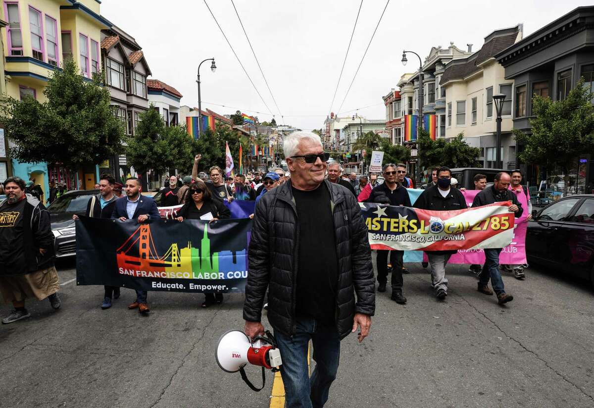 Cleve Jones, a friend of the late Harvey Milk, leads a march on Castro Street on June 25, 2021.