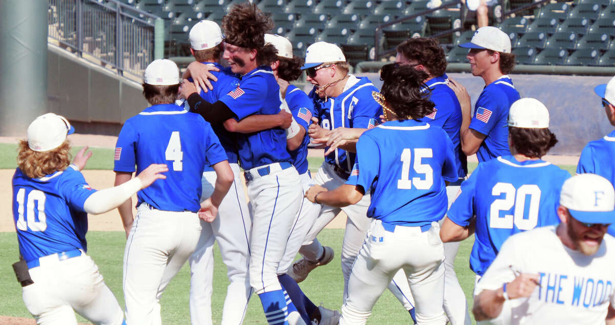 Friendswood players reacts after defeating Mansfield Legacy in the UIL baseball 5A semifinal on Thursday, June 9, 2022 at the Dell Diamond in Round Rock, TX.