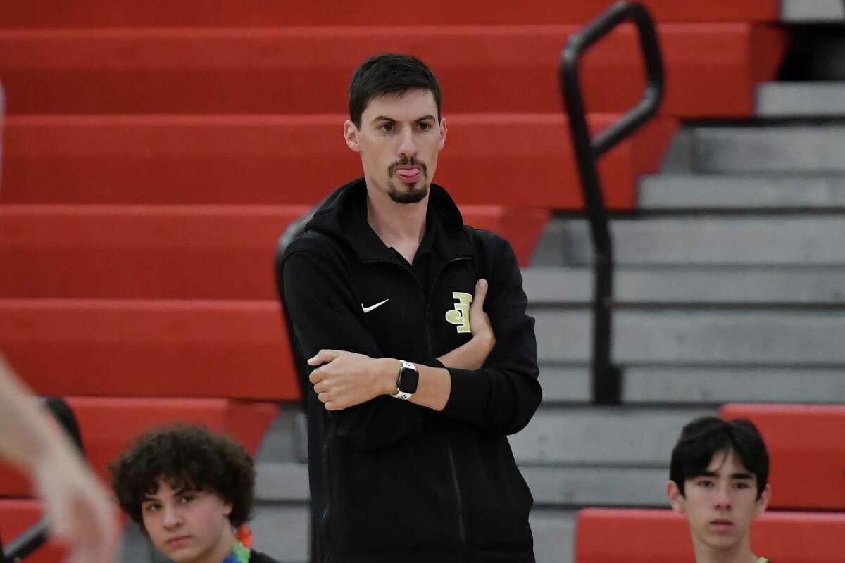 Joel Barlow Head Coach Kevin Marino looks on during the CIAC Class M Boys Volleyball Championship against New Canaan on Thursday June 9, 2022 at Pomperaug High School in Southbury, CT.