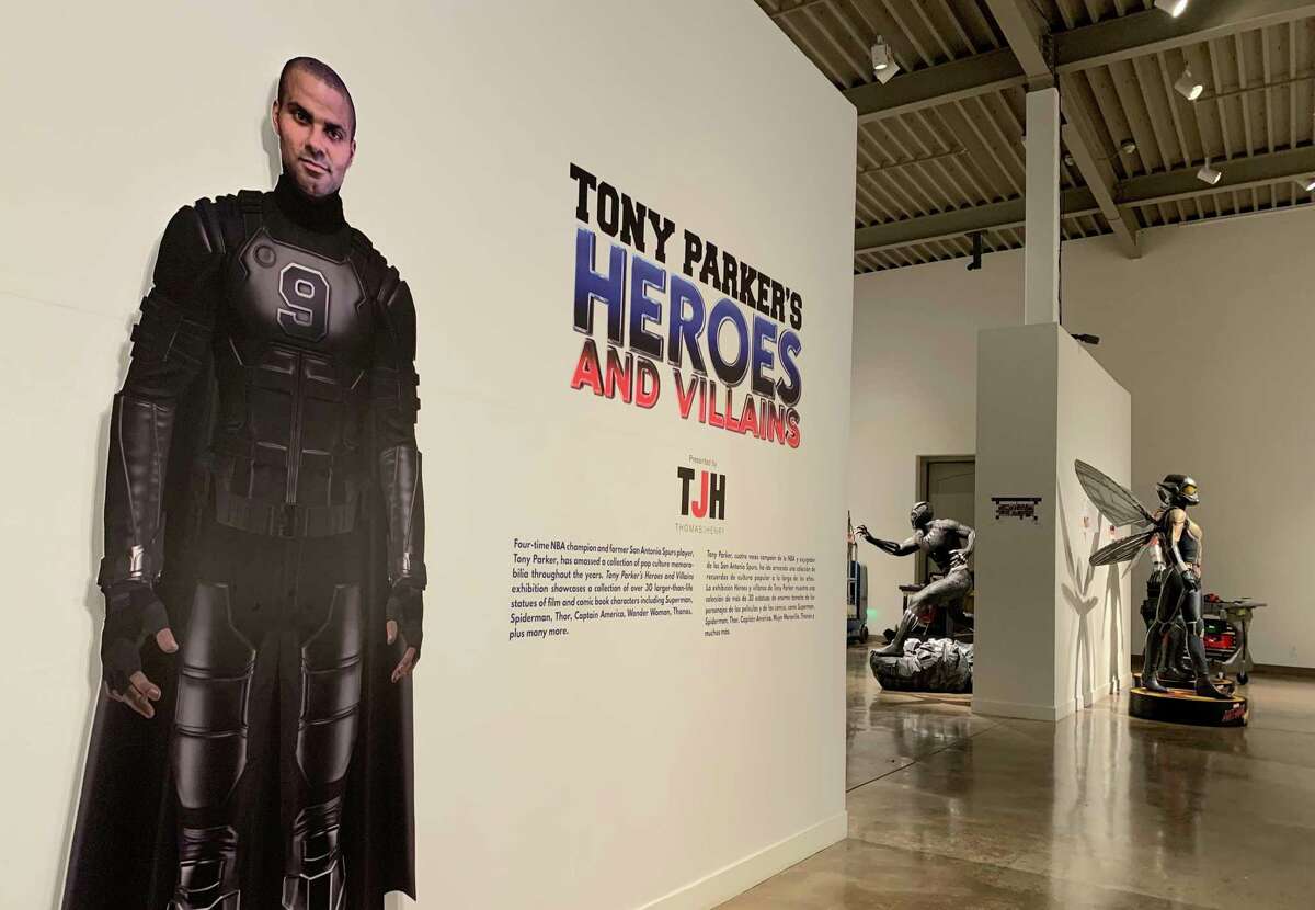 An image of former Spurs player Tony Parker greets visitors to "Tony Parker's Heroes and Villains," a new exhibit at San Antonio Museum of Art featuring pop culture statues from Parker's private collection.